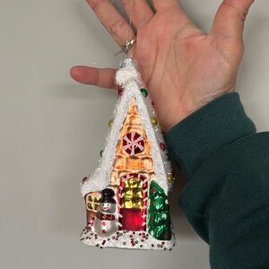 Vintage Christmas Glass Gingerbread House Ornament with Snowman